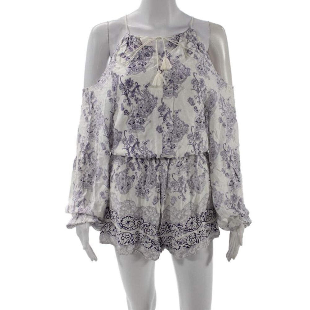 TJD Womens Jumpsuit White V Neck Damask Viscose Long Sleeve Size XS